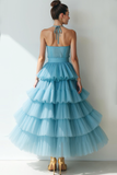 Sky Blue Halter Tiered A Line High Low Formal Dress