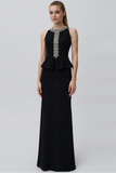 Black Chiffon Sheath Round Neck Long Formal Dress with Beading