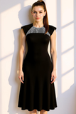 Black Chiffon A Line Round Neck Midi Formal Dress with Beading