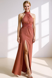 Royal Blue Halter Ruched Maxi Formal Dress with Slit