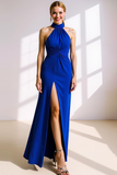 Royal Blue Halter Ruched Maxi Formal Dress with Slit