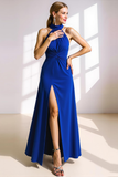 Royal Blue Halter Ruched Maxi Formal Dress with Slit