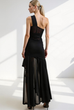 Black Chiffon Keyhole A Line One Shoulder Maxi Formal Dress with Slit