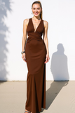 Brown Mermaid V-Neck Maxi Formal Dress