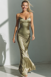 Celadon Mermaid Satin Spaghetti Straps Long Wedding Guest Dress