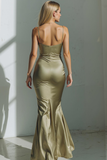 Celadon Mermaid Satin Spaghetti Straps Long Wedding Guest Dress