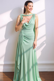 Light Green Chiffon A Line Cowl Neck Long Wedding Guest Dress