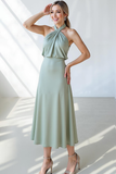 Sage Green Halter A Line Long Wedding Guest Dress
