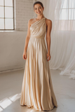 Champagne A Line One Shoulder Long Bridesmaid Dress