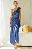 Orange Satin Sheath One Shoulder Maxi Bridesmaid Dress