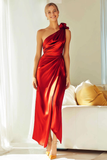 Orange Satin Sheath One Shoulder Maxi Bridesmaid Dress