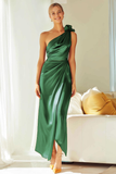Orange Satin Sheath One Shoulder Maxi Bridesmaid Dress