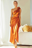 Orange Satin Sheath One Shoulder Maxi Bridesmaid Dress
