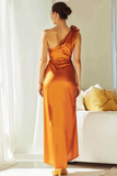Orange Satin Sheath One Shoulder Maxi Bridesmaid Dress