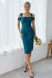 Peacock Blue Sheath Cold Shoulder Ruched Midi Bridesmaid Dress