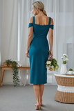 Peacock Blue Sheath Cold Shoulder Ruched Midi Bridesmaid Dress