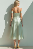 Sage Green A Line Satin Off the Shoulder Midi Bridesmaid Dress
