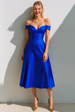 Sage Green A Line Satin Off the Shoulder Midi Bridesmaid Dress