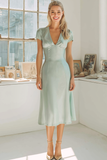 Sage Green A Line V-Neck Midi Bridesmaid Dress with Sleeves