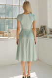 Sage Green A Line V-Neck Midi Bridesmaid Dress with Sleeves