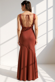 Bronzer Mermaid Backless Cowl Neck Long Bridesmaid Dress