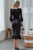 Black White Satin Mermaid Ruffled Midi Formal Dress with Sleeves