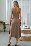 Brown V Neck A Line Midi Wedding Guest Dress with Slit