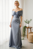 Dusty Blue Satin Maxi Off the Shoulder Wedding Guest Dress