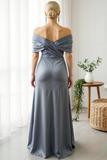Dusty Blue Satin Maxi Off the Shoulder Wedding Guest Dress