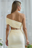 Ivory Bodycon One Shoulder Maxi Wedding Guest Dress with Tulle