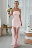 Pink Strapless Bodycon Long Wedding Guest Dress with Tulle