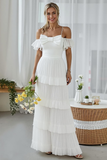 White A Line Tiered Ruffled Maxi Wedding Reception Dress with Bow