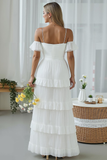 White A Line Tiered Ruffled Maxi Wedding Reception Dress with Bow