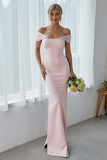 Pink Mermaid Off the Shoulder Long Wedding Guest Dress