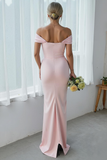 Pink Mermaid Off the Shoulder Long Wedding Guest Dress