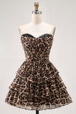 Brown Leopard Sweetheart Corset Short Tiered Cocktail Dress