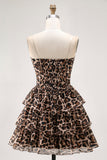 Brown Leopard Sweetheart Corset Short Tiered Cocktail Dress