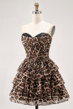 Brown Leopard Sweetheart Corset Short Tiered Cocktail Dress
