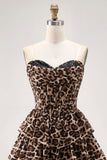 Brown Leopard Sweetheart Corset Short Tiered Cocktail Dress