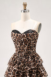 Brown Leopard Sweetheart Corset Short Tiered Cocktail Dress