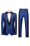 2 Piece Blue Jacquard One Button Shawl Lapel Prom Men's Suits
