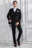 Black 3 Piece Notched Lapel Solid Prom Men's Suits