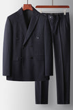 Navy Striped Double Breasted Peak Lapel 2 Piece Prom Men's Suits