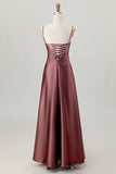 Satin A Line Coffee Corset Lace Up Back Maxi Bridesmaid Dress