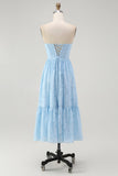 Sky Blue Corset A Line Strapless Midi Bridesmaid Dress