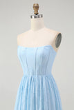Sky Blue Corset A Line Strapless Midi Bridesmaid Dress