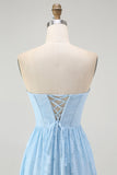 Sky Blue Corset A Line Strapless Midi Bridesmaid Dress