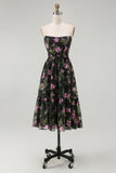 Black Pink Corset Strapless Floral Midi Bridesmaid Dress