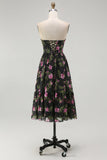 Black Pink Corset Strapless Floral Midi Bridesmaid Dress