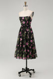 Black Pink Corset Strapless Floral Midi Bridesmaid Dress